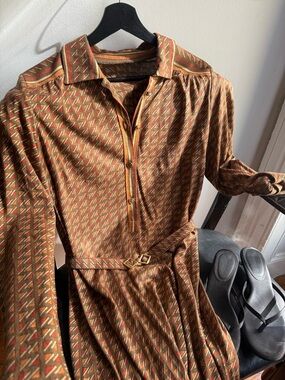 70s Brown Geometric Cotton Midi Dress Long Sleeve Belted Shirt Dress Workwear